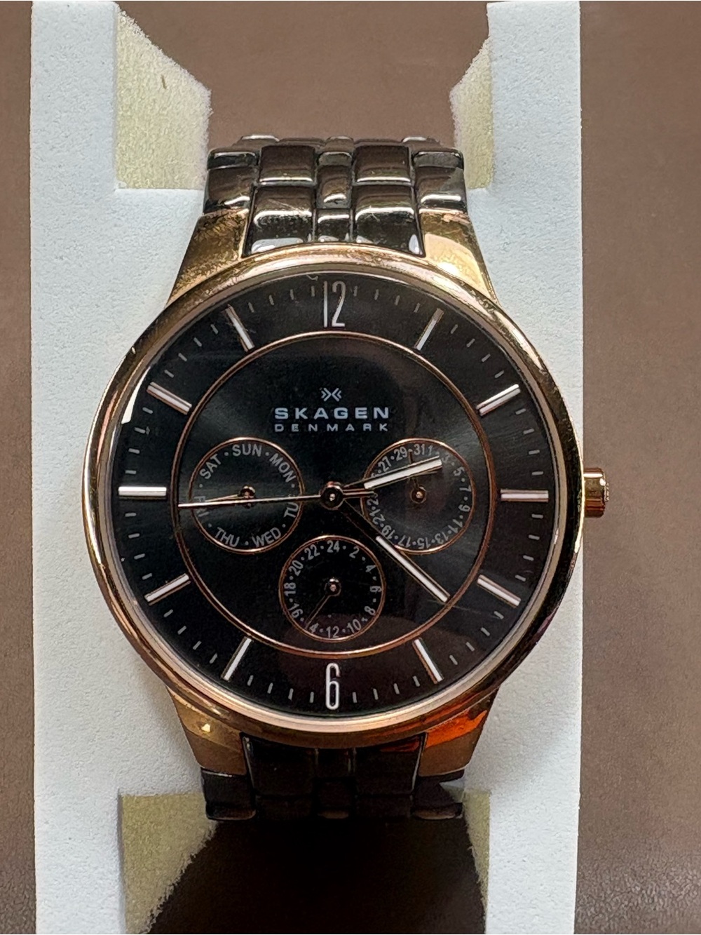 Skagen Black Dial Watch with Rose Gold Accents